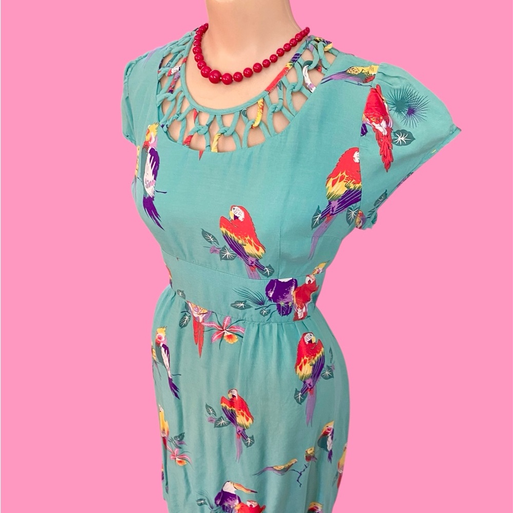 Vintage Trashy Diva Tropical Birds Print Dress Rockabilly Sz 14 XL